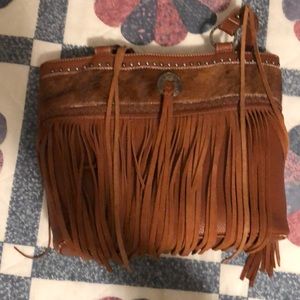 Leather Fringe Cowhide hair on Concealed purse. Brown